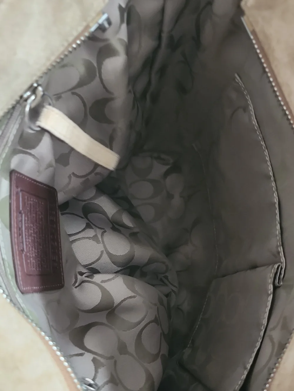 Coach Suede Tote in Camel Brown with Bear Charm